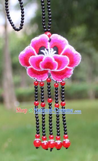 Chinese Traditional Jewelry Accessories Yunnan Minority Embroidered Rosy Peony Tassel Necklace for Women