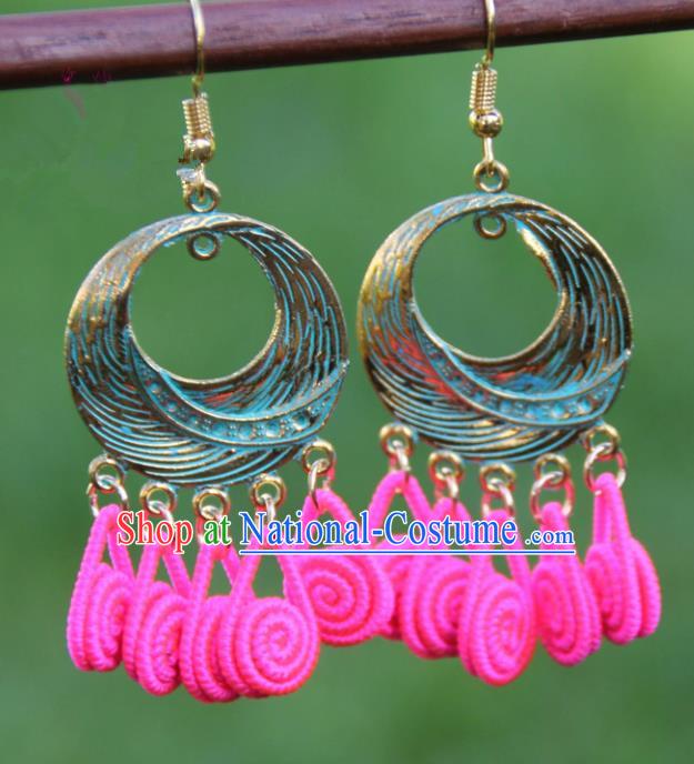 Chinese Traditional Brass Earrings Yunnan National Minority Rosy Tassel Eardrop for Women