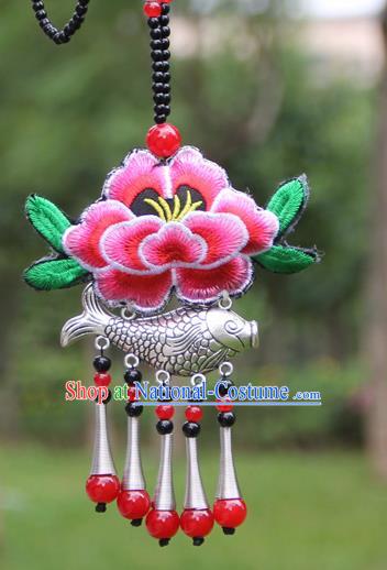 Chinese Traditional Accessories Yunnan Minority Embroidered Pink Peony Sliver Fish Necklace for Women