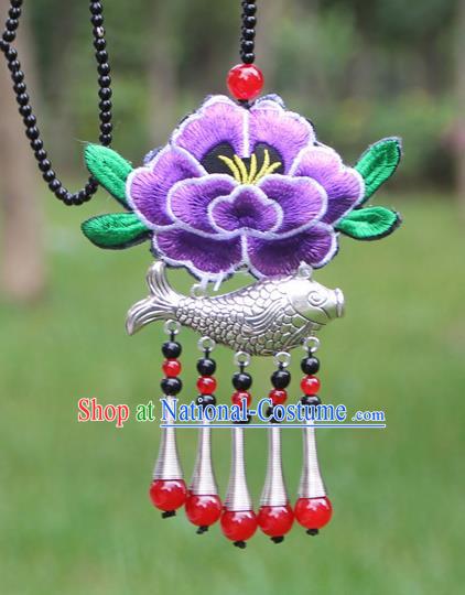 Chinese Traditional Accessories Yunnan Minority Embroidered Purple Peony Sliver Fish Necklace for Women