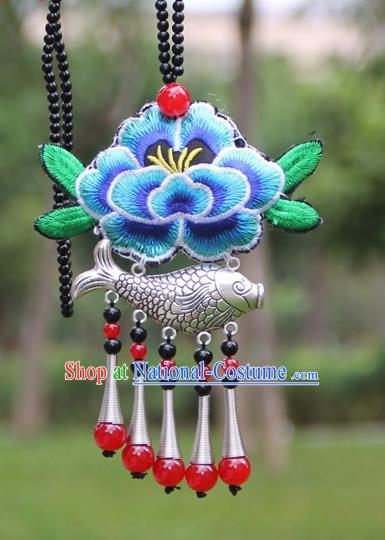 Chinese Traditional Accessories Yunnan Minority Embroidered Blue Peony Sliver Fish Necklace for Women