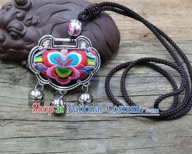 Chinese Traditional Accessories Yunnan Minority Necklace Embroidered Purple Flowers Longevity Lock for Women