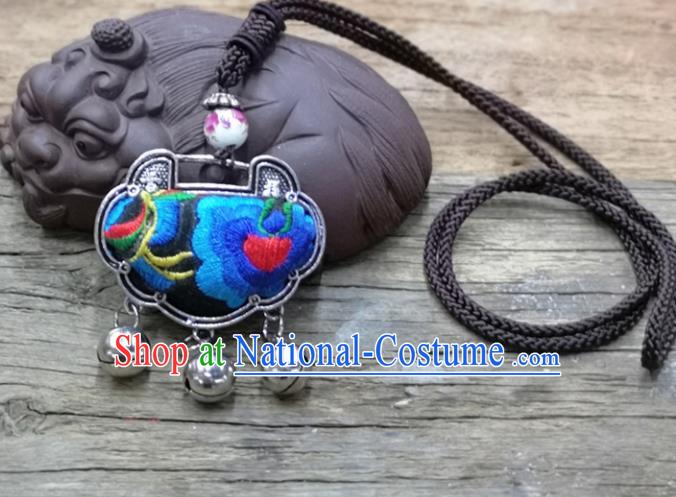 Chinese Traditional Accessories Yunnan Minority Necklace Embroidered Blue Flowers Longevity Lock for Women