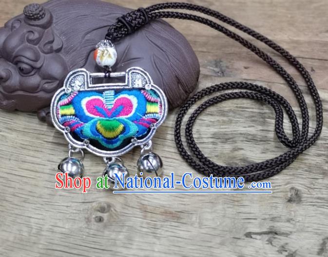 Chinese Traditional Accessories Yunnan Minority Necklace Embroidered Blue Butterfly Longevity Lock for Women