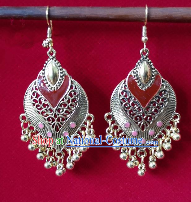 Chinese Traditional Bells Tassel Earrings Yunnan National Minority Pink Inlay Ear Accessories for Women