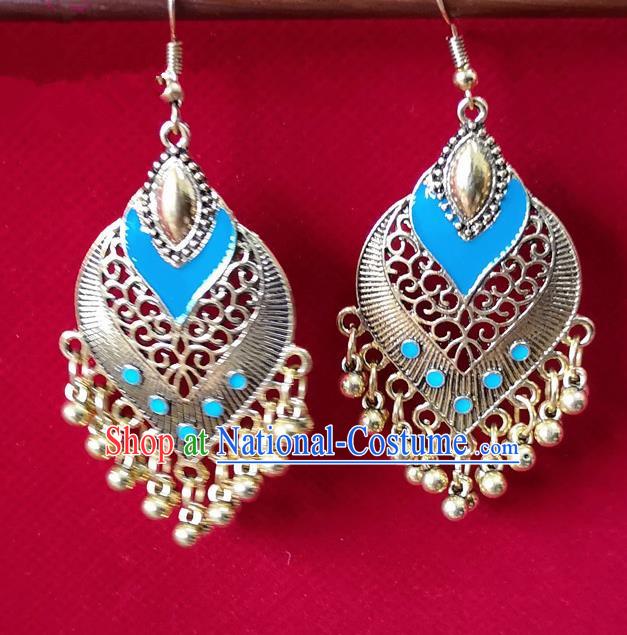 Chinese Traditional Bells Tassel Earrings Yunnan National Minority Light Blue Inlay Ear Accessories for Women