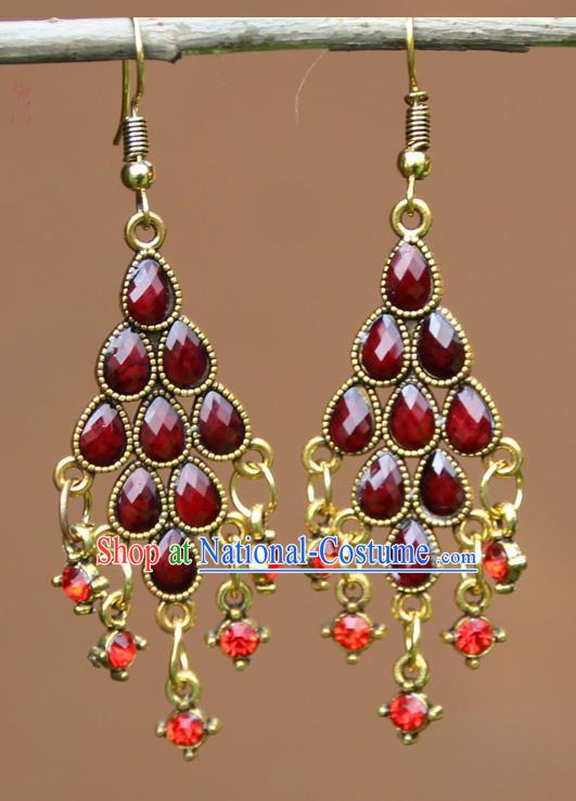 Chinese Traditional Wine Red Crystal Earrings Yunnan National Minority Ear Accessories for Women