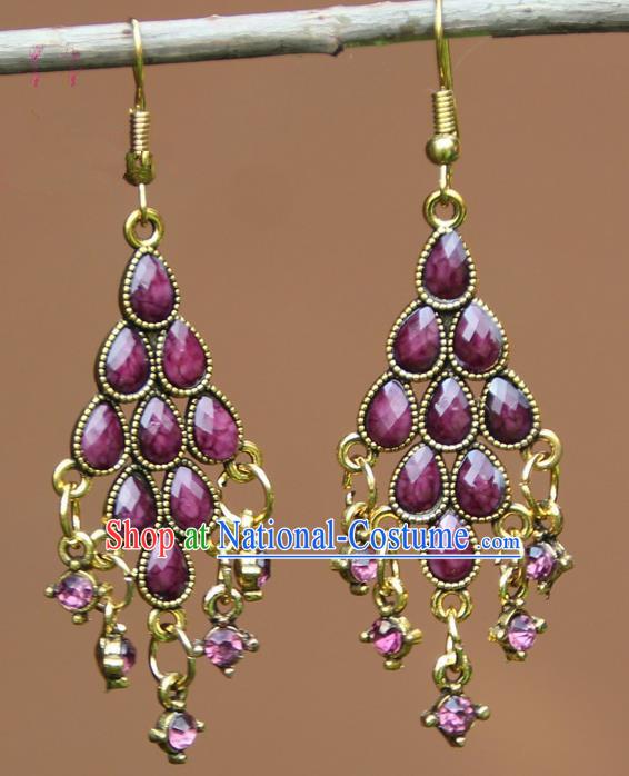 Chinese Traditional Purple Crystal Earrings Yunnan National Minority Ear Accessories for Women