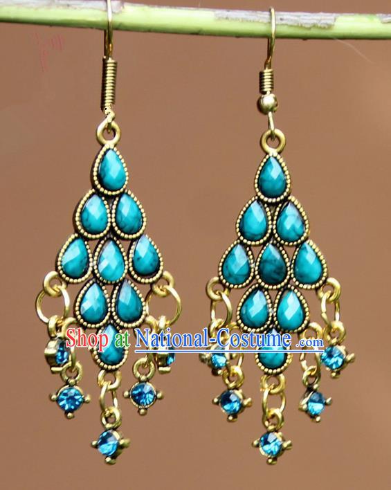 Chinese Traditional Blue Crystal Earrings Yunnan National Minority Ear Accessories for Women