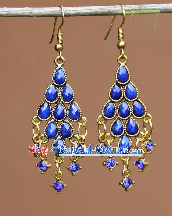 Chinese Traditional Royalblue Crystal Earrings Yunnan National Minority Ear Accessories for Women