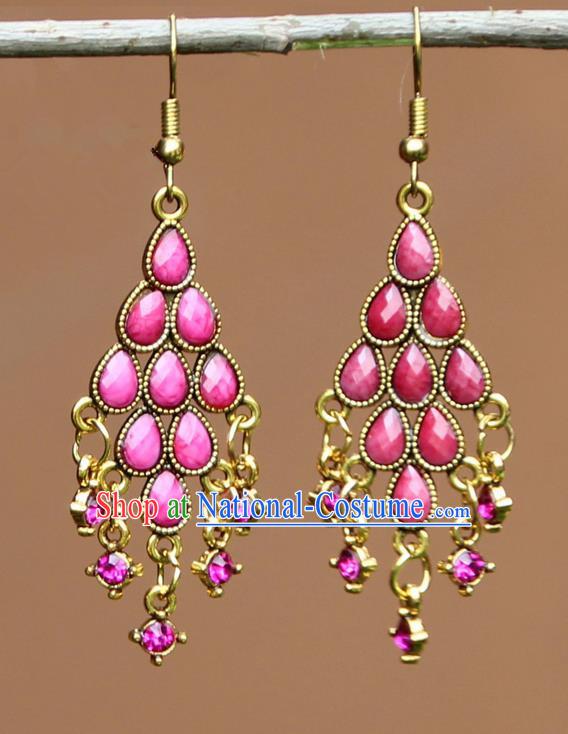 Chinese Traditional Pink Crystal Earrings Yunnan National Minority Ear Accessories for Women