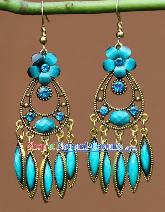 Chinese Traditional Blue Flower Earrings Yunnan National Minority Ear Accessories for Women