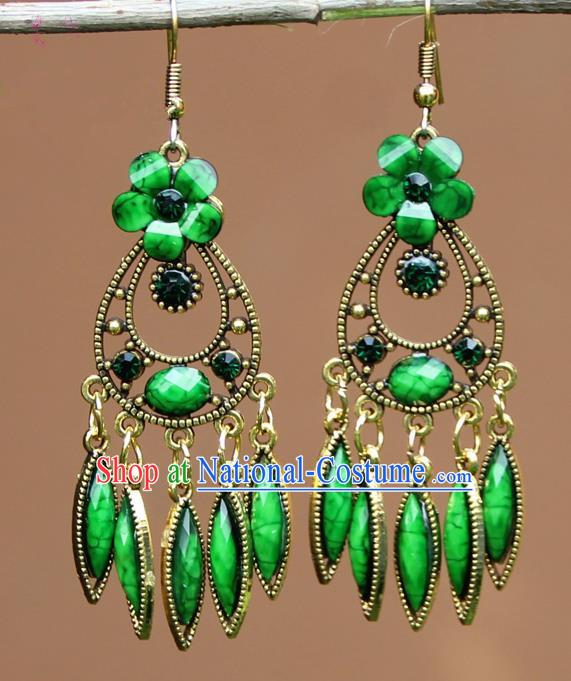 Chinese Traditional Green Flower Earrings Yunnan National Minority Ear Accessories for Women