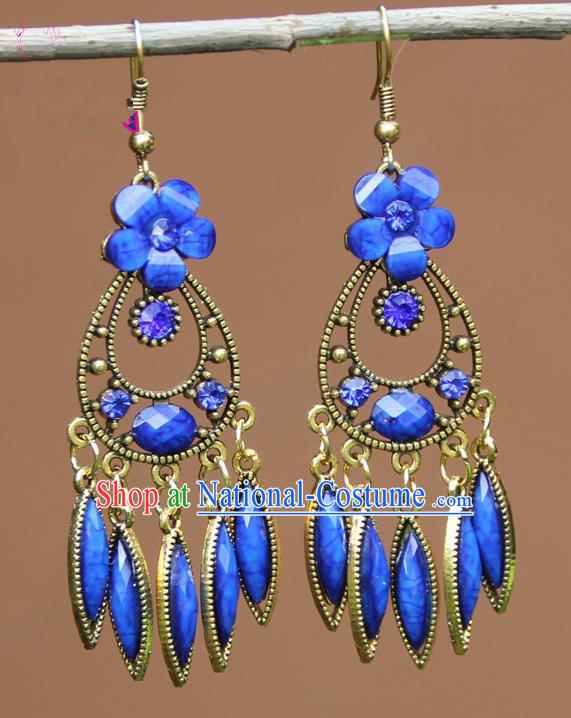 Chinese Traditional Royalblue Flower Earrings Yunnan National Minority Ear Accessories for Women