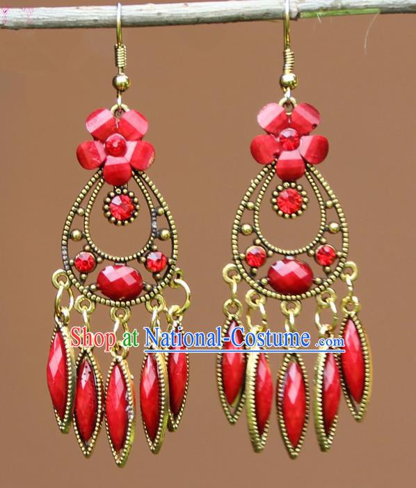 Chinese Traditional Red Flower Earrings Yunnan National Minority Ear Accessories for Women