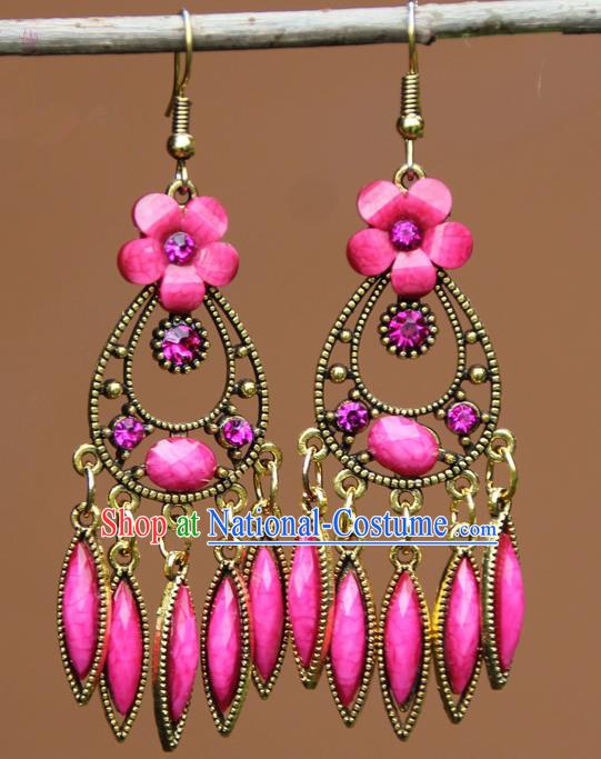 Chinese Traditional Pink Flower Earrings Yunnan National Minority Ear Accessories for Women