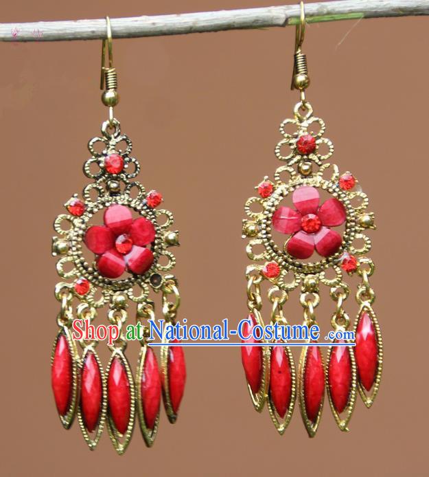 Chinese Traditional Red Flower Tassel Earrings Yunnan National Minority Ear Accessories for Women