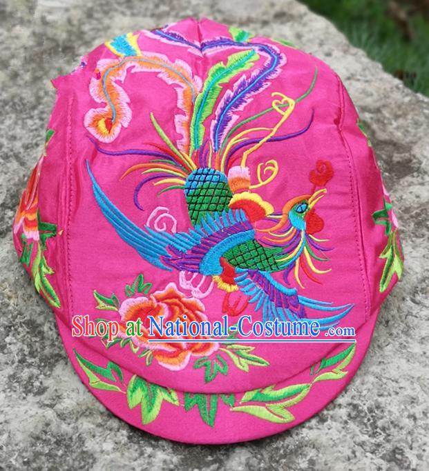 Chinese Traditional Embroidered Phoenix Peony Yunnan Dai Minority Pink Cap for Women