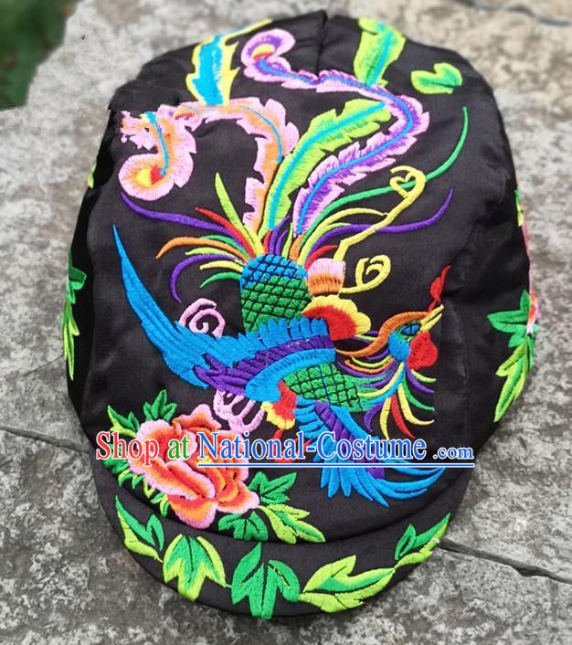 Chinese Traditional Embroidered Phoenix Peony Yunnan Dai Minority Black Cap for Women