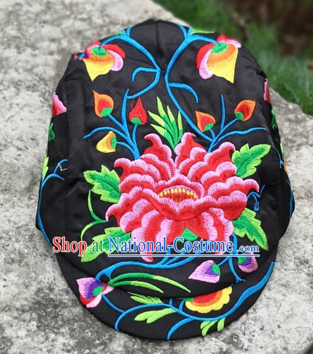 Chinese Traditional Embroidered Peony Yunnan Dai Minority Black Cap for Women