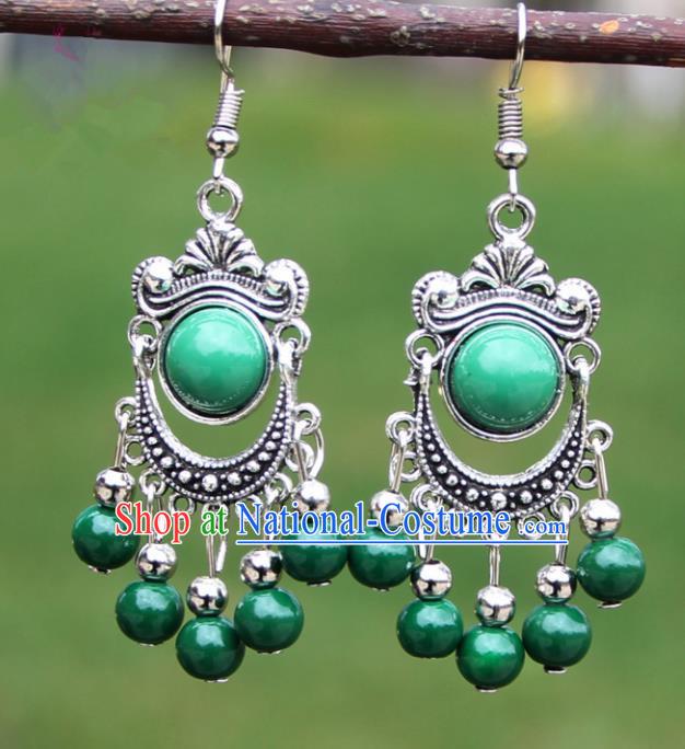 Chinese Traditional Green Beads Tassel Earrings Yunnan National Minority Ear Accessories for Women