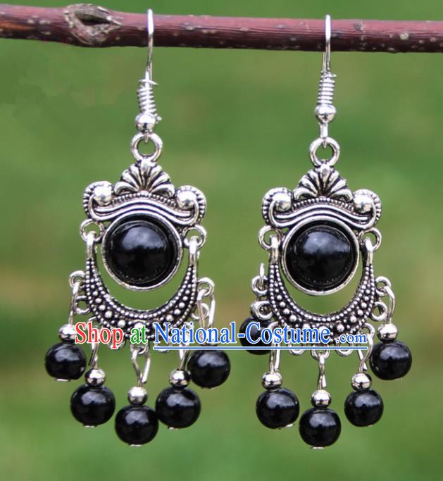 Chinese Traditional Black Beads Tassel Earrings Yunnan National Minority Ear Accessories for Women