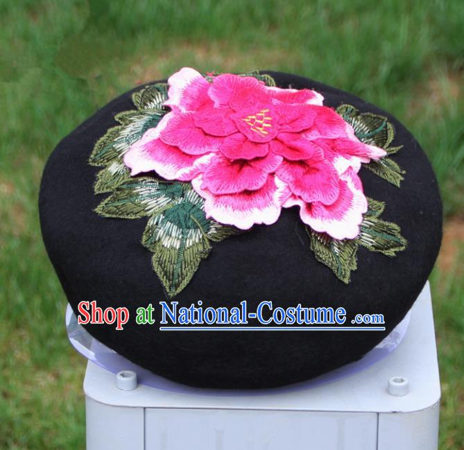 Chinese Traditional Embroidered Peony Yunnan Dai Minority Black Top Hat for Women