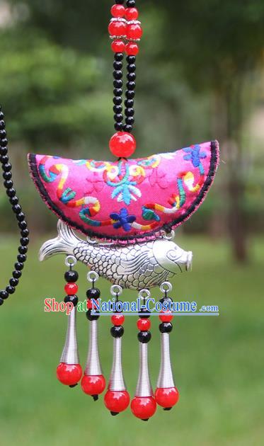 Chinese Traditional Accessories Yunnan Minority Embroidered Rosy Sliver Fish Necklace for Women