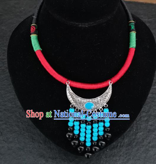 Chinese Traditional Accessories Yunnan Minority Blue Beads Tassel Necklace for Women