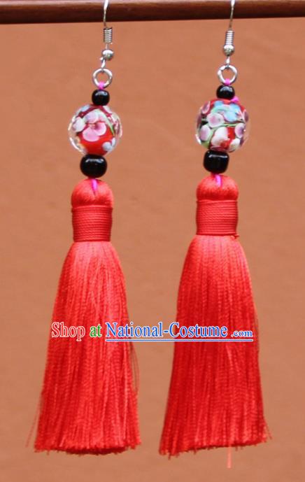 Chinese Traditional Red Tassel Earrings Yunnan National Minority Colored Glaze Eardrop for Women