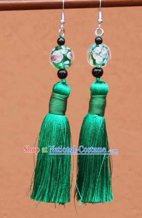 Chinese Traditional Green Tassel Earrings Yunnan National Minority Colored Glaze Eardrop for Women