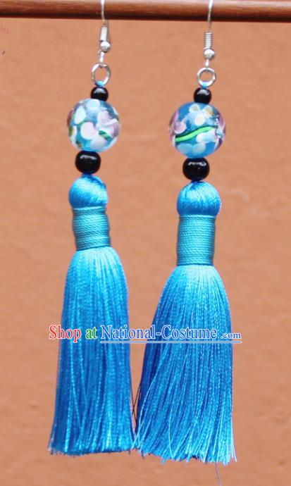 Chinese Traditional Blue Tassel Earrings Yunnan National Minority Colored Glaze Eardrop for Women