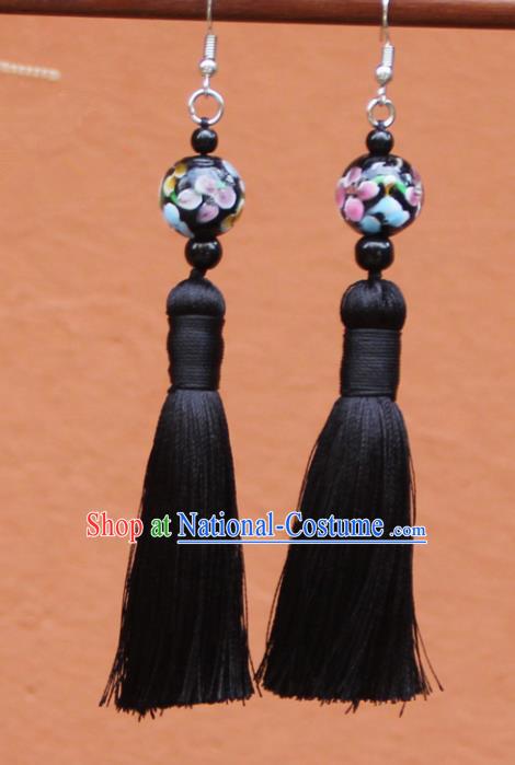 Chinese Traditional Black Tassel Earrings Yunnan National Minority Colored Glaze Eardrop for Women