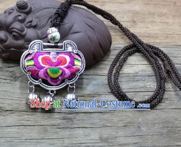 Chinese Traditional Accessories Yunnan Minority Necklace Embroidered Red Flowers Longevity Lock for Women