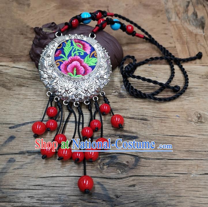 Chinese Traditional Jewelry Accessories Yunnan Minority Embroidered Pink Peony Necklace for Women