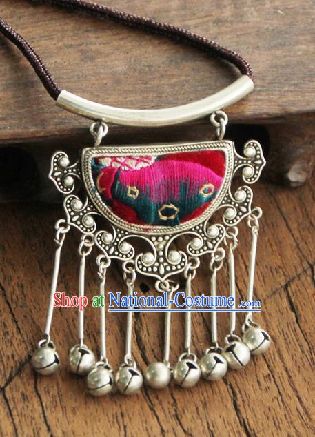 Chinese Traditional Yunnan Miao Minority Necklace Ethnic Bells Tassel Embroidered Accessories for Women