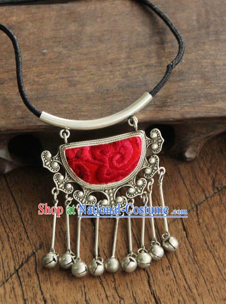 Chinese Traditional Yunnan Miao Minority Red Necklace Ethnic Bells Tassel Embroidered Accessories for Women