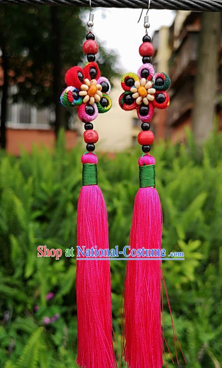 Chinese Traditional Ethnic Earrings Yunnan National Pink Tassel Ear Accessories for Women