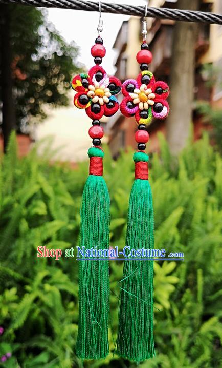 Chinese Traditional Ethnic Earrings Yunnan National Green Tassel Ear Accessories for Women