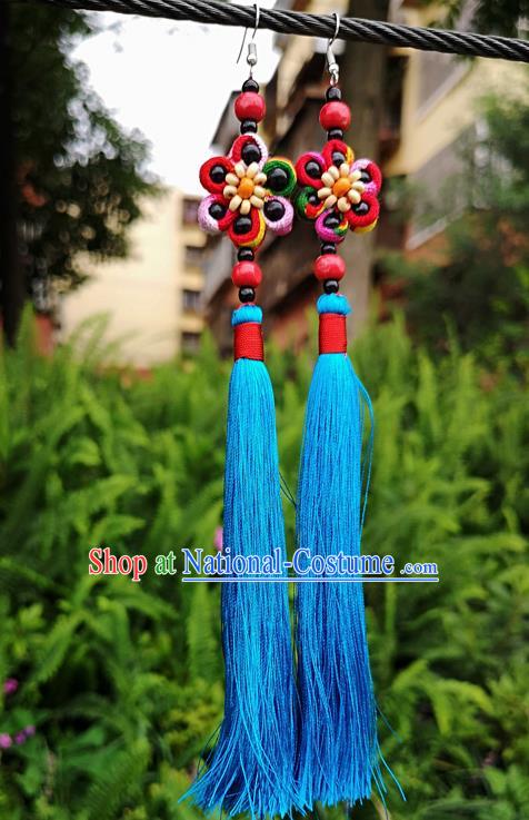 Chinese Traditional Ethnic Earrings Yunnan National Blue Tassel Ear Accessories for Women