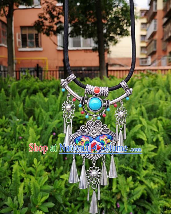 Chinese Traditional Miao Minority Embroidered Blue Necklace Ethnic Tassel Accessories for Women