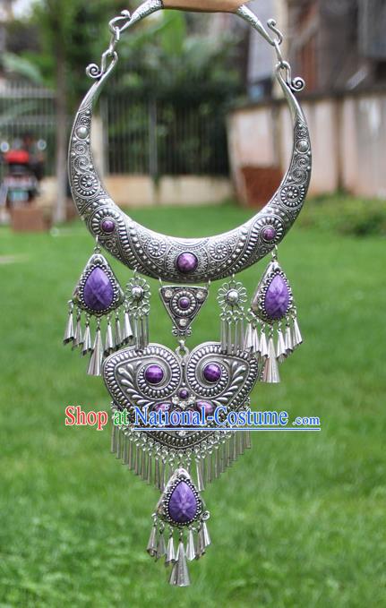 Chinese Traditional Yunnan Miao Minority Carving Sliver Purple Necklace Ethnic Tassel Accessories for Women