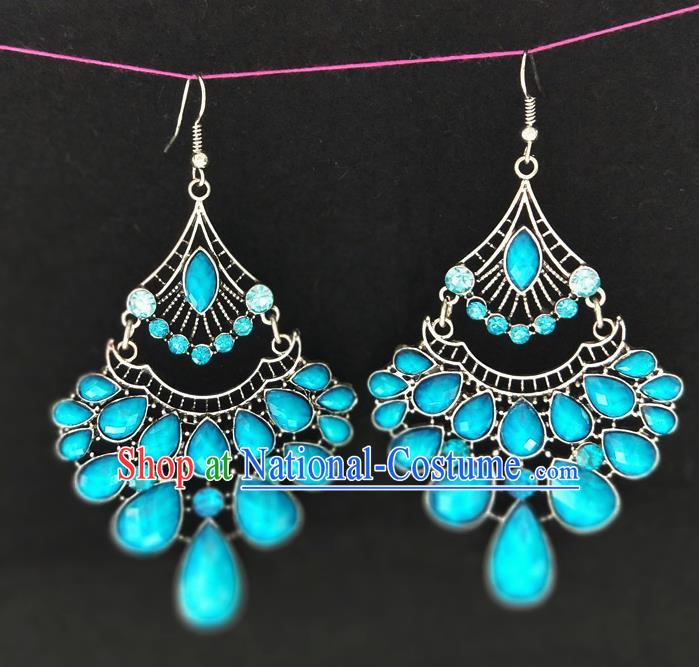 Chinese Traditional Ethnic Earrings Yunnan National Blue Crystal Ear Accessories for Women