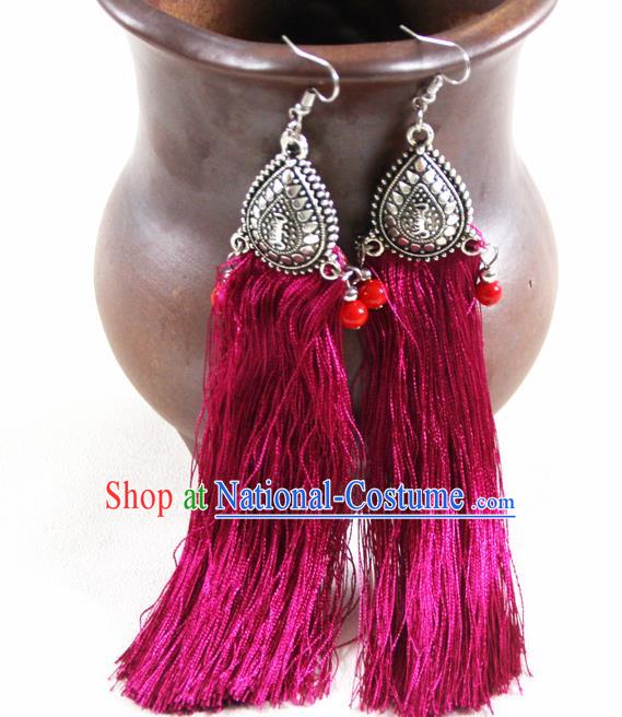 Chinese Traditional Ethnic Rosy Tassel Earrings Yunnan National Ear Accessories for Women