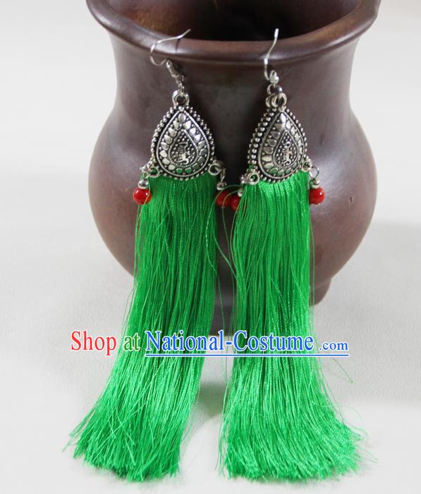 Chinese Traditional Ethnic Green Tassel Earrings Yunnan National Ear Accessories for Women