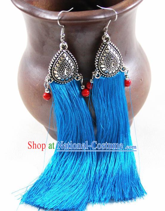 Chinese Traditional Ethnic Blue Tassel Earrings Yunnan National Ear Accessories for Women