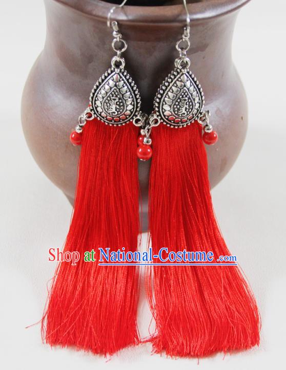 Chinese Traditional Ethnic Red Tassel Earrings Yunnan National Ear Accessories for Women