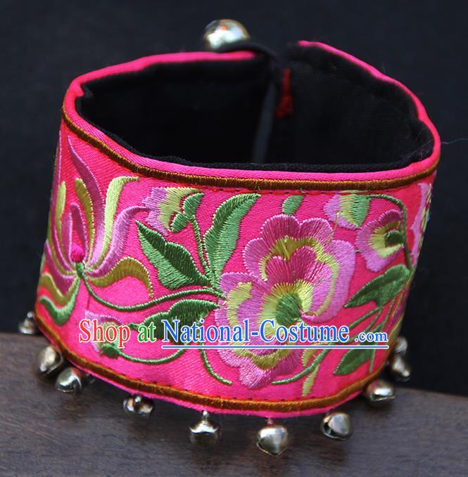 Chinese Traditional Ethnic Wrist Accessories Miao Nationality Embroidered Pink Bracelet for Women