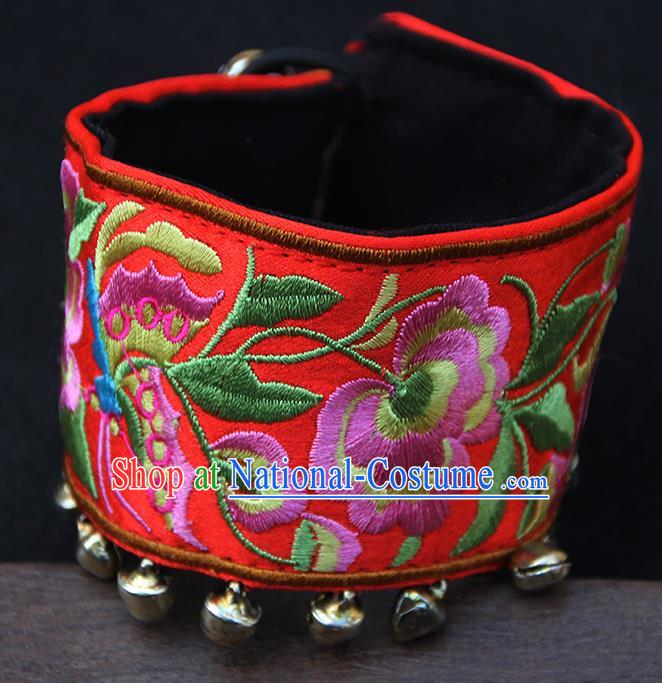 Chinese Traditional Ethnic Wrist Accessories Miao Nationality Embroidered Red Bracelet for Women