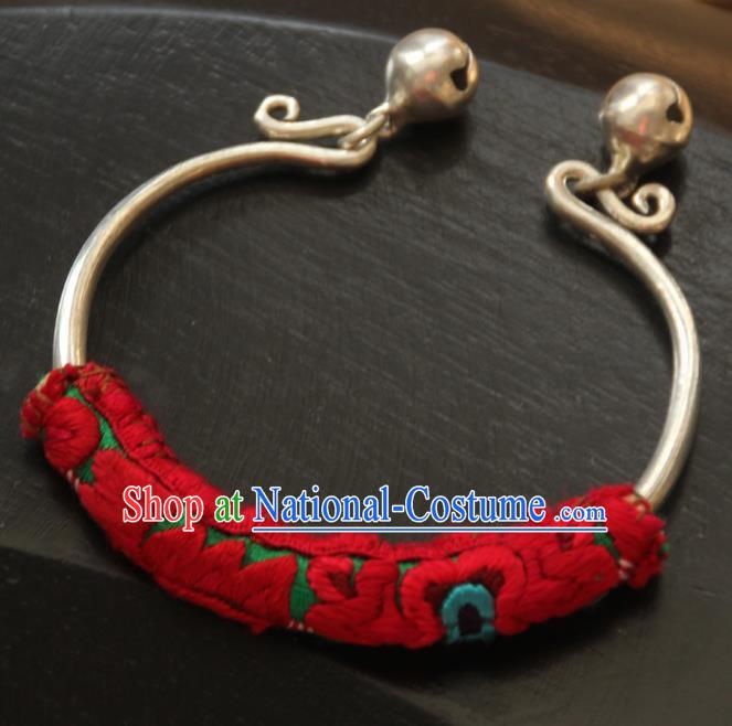 Chinese Traditional Ethnic Wrist Accessories Miao Nationality Embroidered Sliver Bracelet for Women